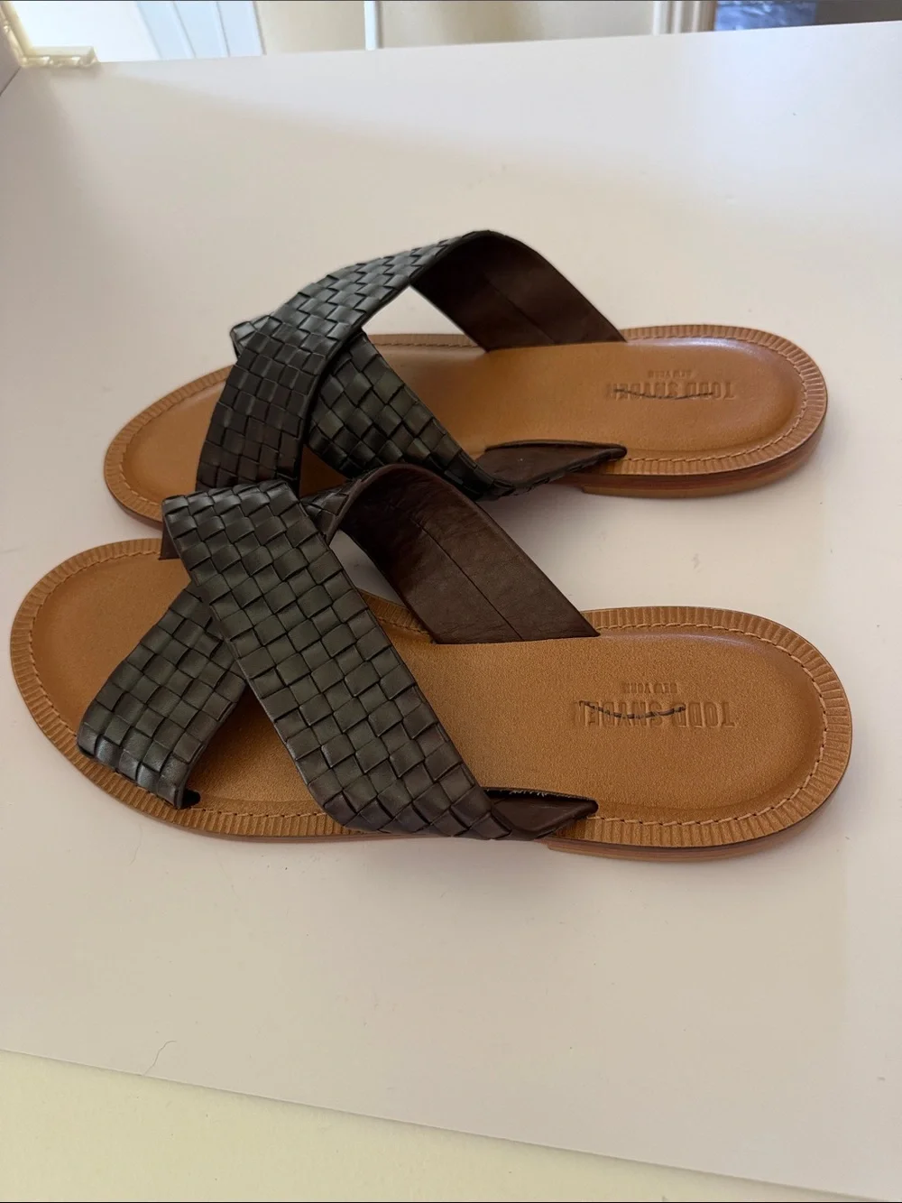 Todd Snyder Woven Crisscross Brown Leather Slide Sandals Sz 12.  Tub8